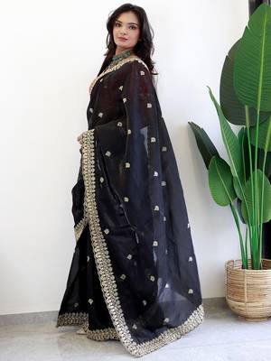 Black floral embroidered organza designer saree 2