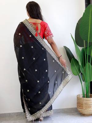 Black floral embroidered organza designer saree 3