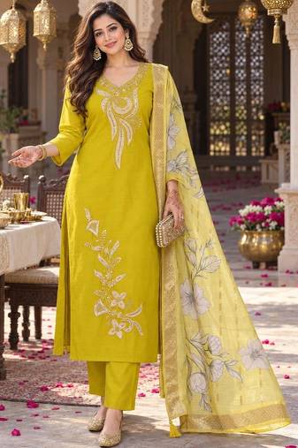 women ethnic motifs embroidered regular thread work kurta with trousers & with dupatta