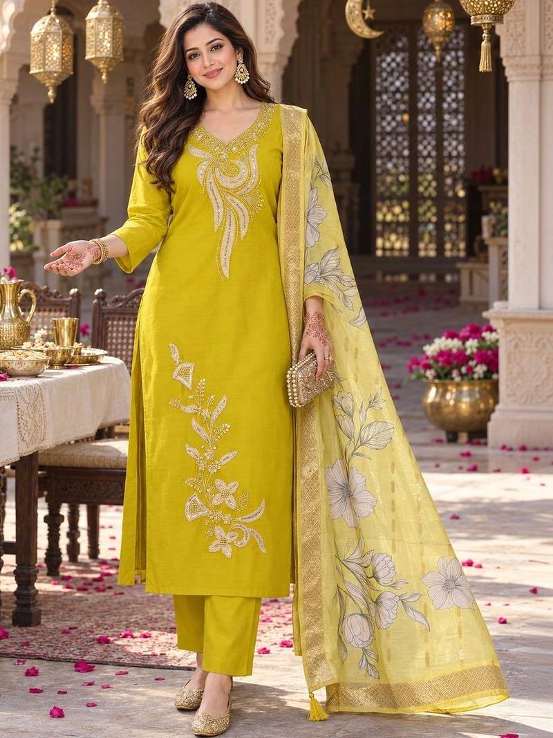 women ethnic motifs embroidered regular thread work kurta with trousers & with dupatta