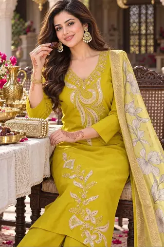 women ethnic motifs embroidered regular thread work kurta with trousers & with dupatta