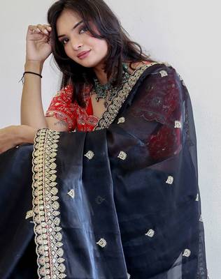 Black floral embroidered organza designer saree 4