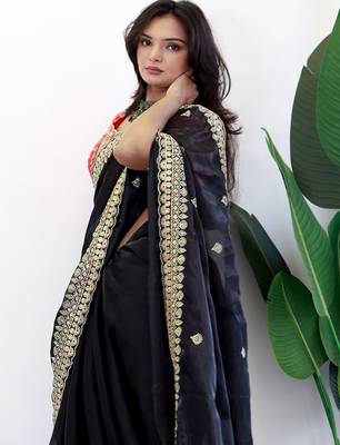 Black floral embroidered organza designer saree 5