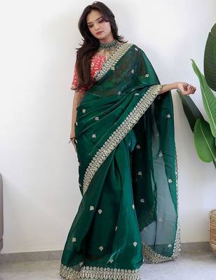 Green floral embroidered organza saree 1