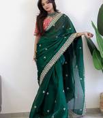 Green floral embroidered organza saree
