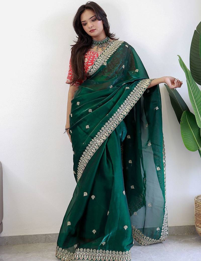 Green floral embroidered organza saree