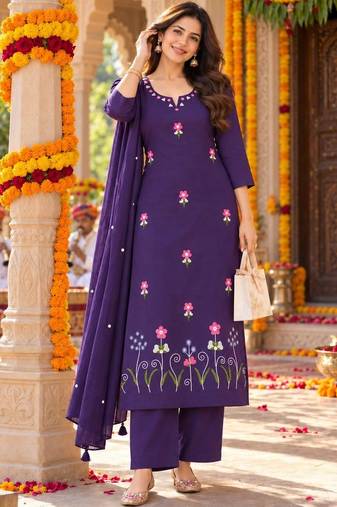 women floral embroidered regular thread work  cotton kurta with palazzos & with dupatta
