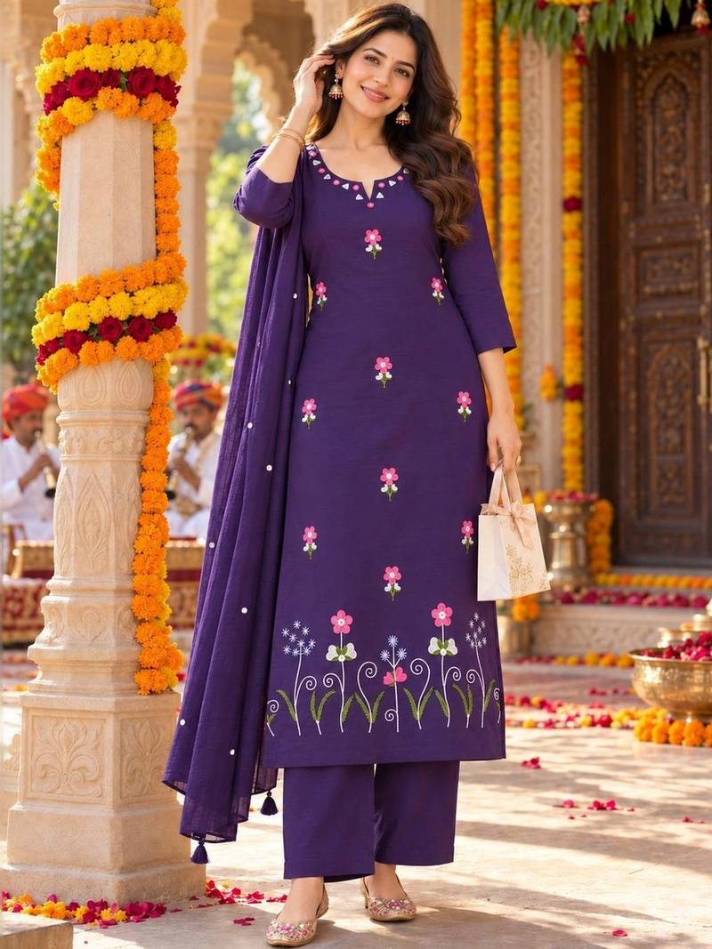women floral embroidered regular thread work  cotton kurta with palazzos & with dupatta