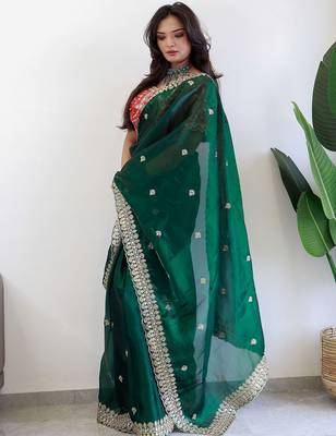 Green floral embroidered organza saree 2