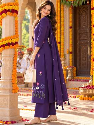 women floral embroidered regular thread work  cotton kurta with palazzos & with dupatta 4