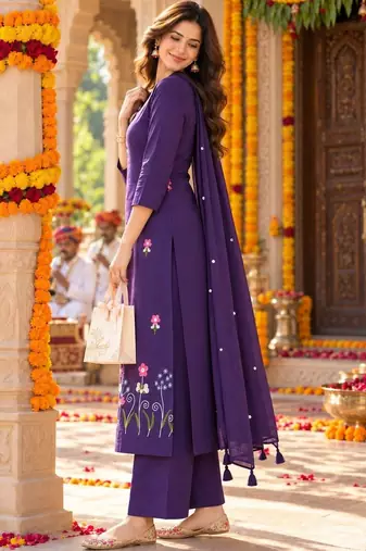 women floral embroidered regular thread work  cotton kurta with palazzos & with dupatta