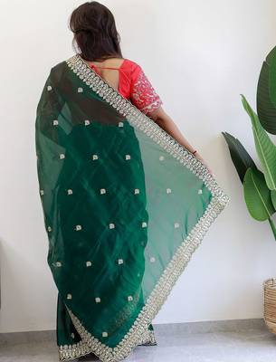 Green floral embroidered organza saree 3