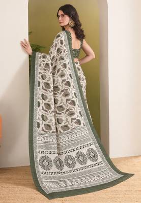 Green batik printed silk blend ready to wear saree 2