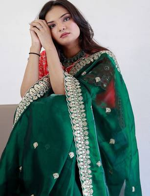 Green floral embroidered organza saree 4