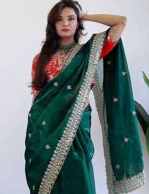 Green floral embroidered organza saree 5