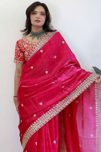 Pink floral embroidered organza saree