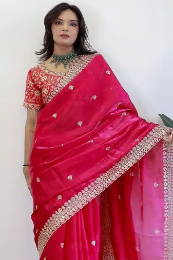 Pink floral embroidered organza saree