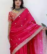 Pink floral embroidered organza saree