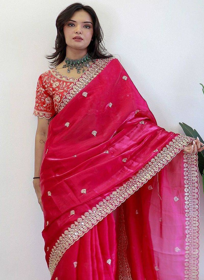 Pink floral embroidered organza saree