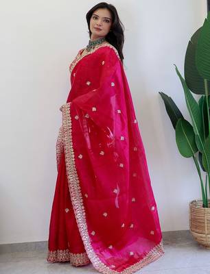 Pink floral embroidered organza saree 2