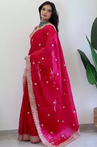 Pink floral embroidered organza saree