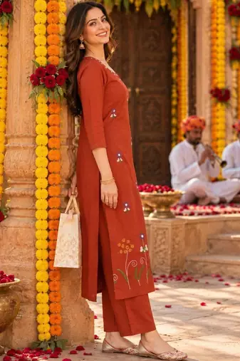 women floral embroidered regular  cotton kurta with palazzos & with dupatta