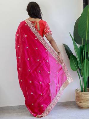 Pink floral embroidered organza saree 3