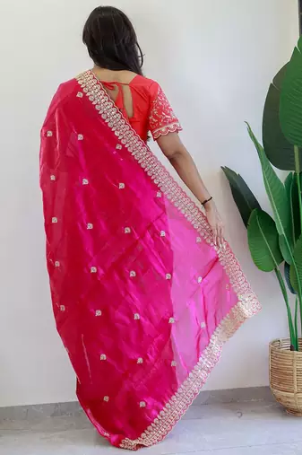 Pink floral embroidered organza saree
