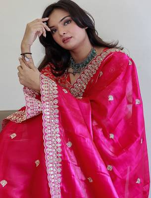 Pink floral embroidered organza saree 4