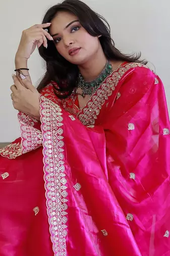 Pink floral embroidered organza saree