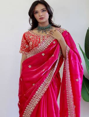 Pink floral embroidered organza saree 5