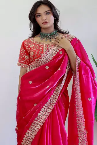 Pink floral embroidered organza saree