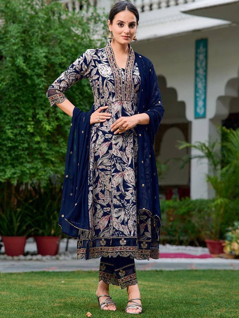 women floral printed a-line kurta with trousers & dupatta