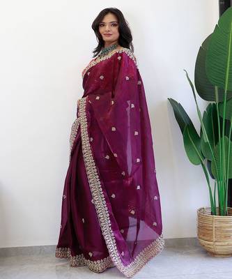 Burgundy ethnic motifs embroidered sequinned organza saree 2