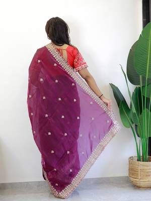 Burgundy ethnic motifs embroidered sequinned organza saree 3
