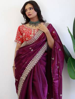 Burgundy ethnic motifs embroidered sequinned organza saree 4