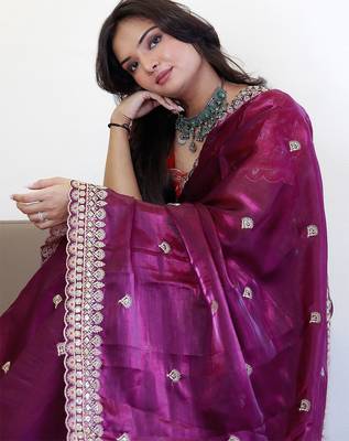 Burgundy ethnic motifs embroidered sequinned organza saree 5
