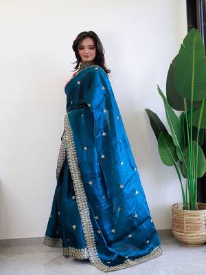 Teal floral embroidered organza saree 2