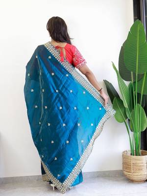 Teal floral embroidered organza saree 3