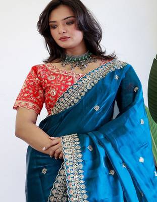 Teal floral embroidered organza saree 4