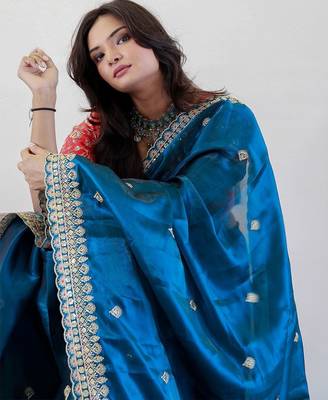 Teal floral embroidered organza saree 5