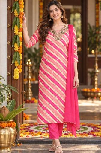women printed regular sequinned chanderi silk kurta with trousers & dupatta