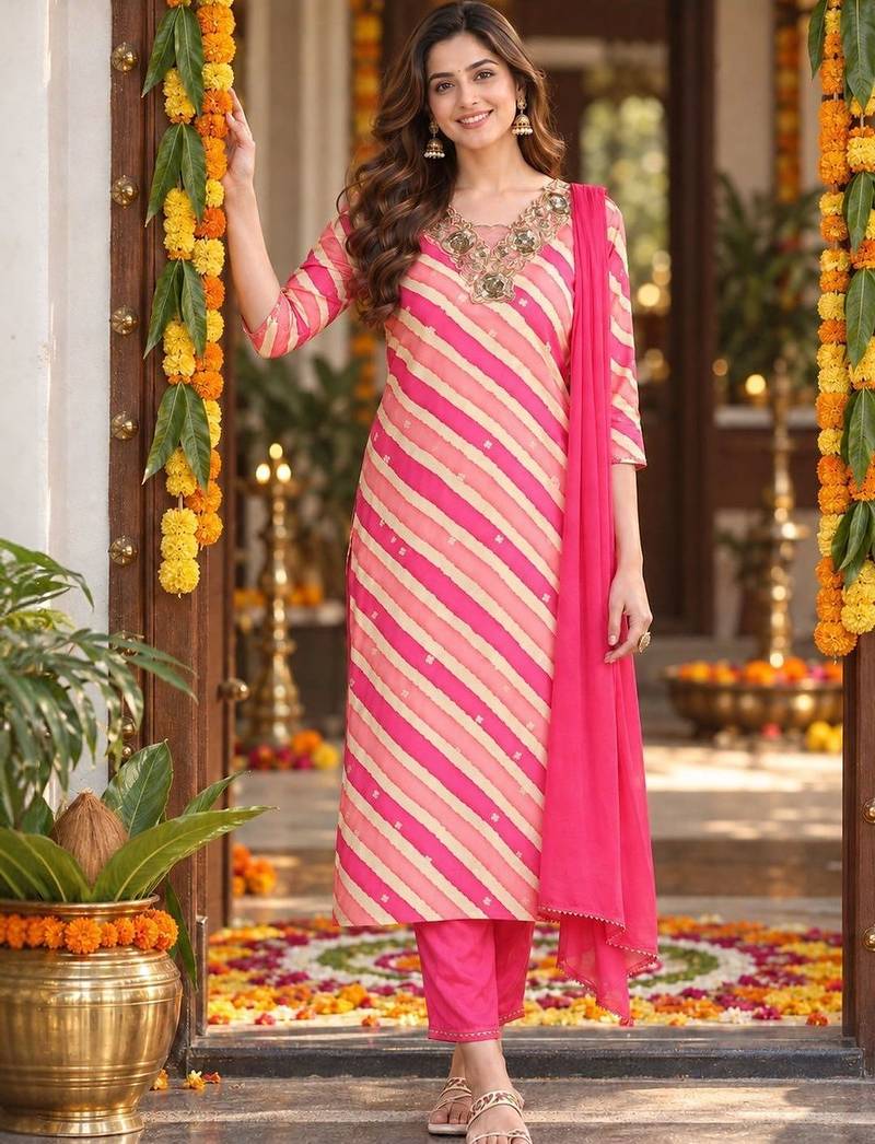 women printed regular sequinned chanderi silk kurta with trousers & dupatta