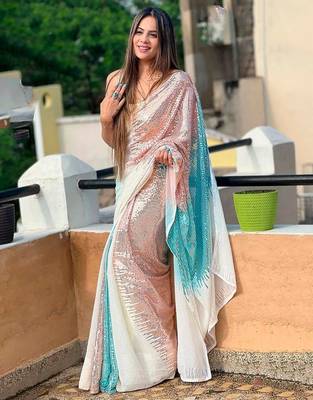 White white & rose gold embellished sequinned  georgette saree 1