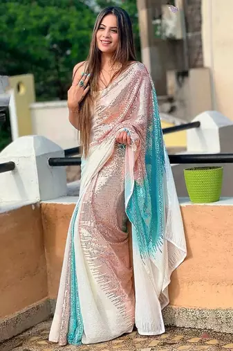 White white & rose gold embellished sequinned  georgette saree