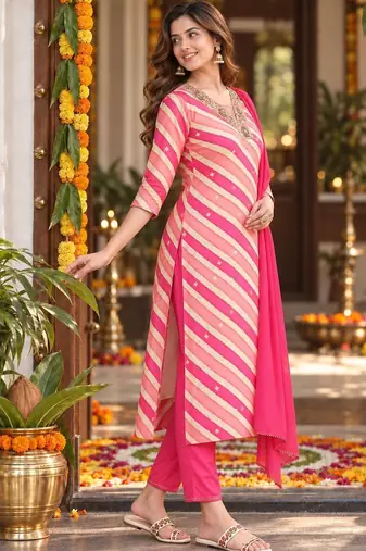 women printed regular sequinned chanderi silk kurta with trousers & dupatta