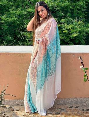 White white & rose gold embellished sequinned  georgette saree 2