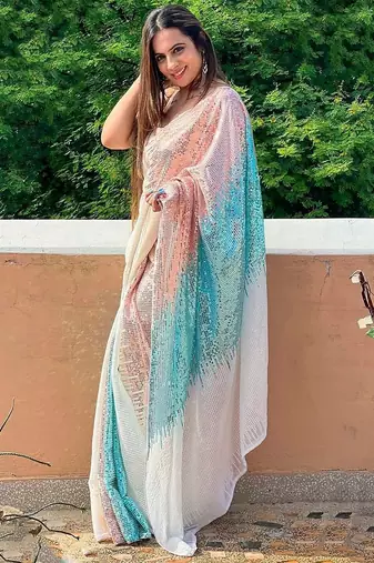 White white & rose gold embellished sequinned  georgette saree