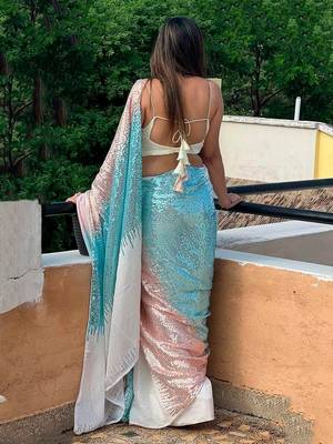 White white & rose gold embellished sequinned  georgette saree 3