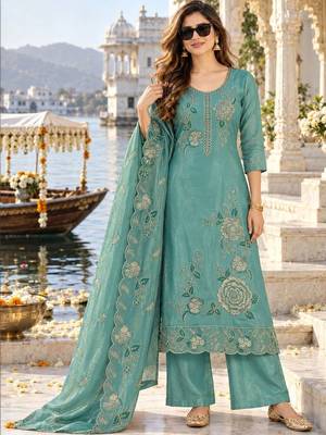 women ethnic motifs embroidered regular thread work kurta with palazzos & with dupatta 1